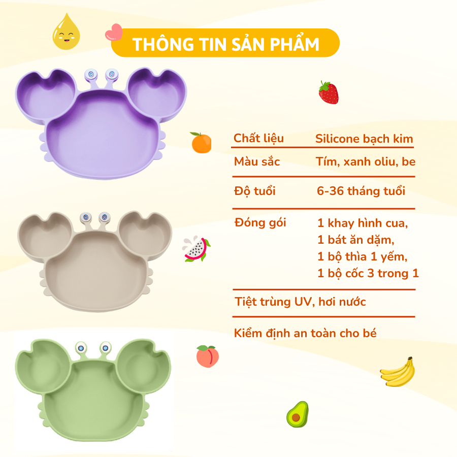 Bộ Ăn Dặm Silicone Coniu Hình Cua Cho Bé, Combo Bát- Khay- Yếm- Thìa- Cốc Silicone Cao Cấp CONIU