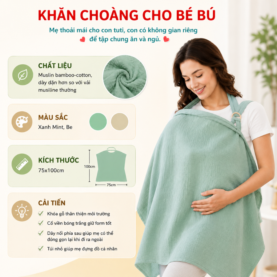 Khăn Choàng Cho Bé Bú Coniu, Chất Liệu Vải Muslin