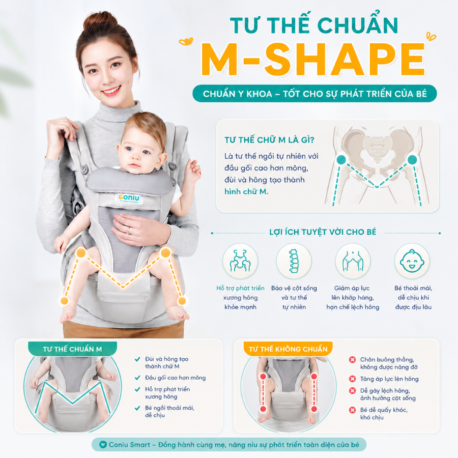 Địu Ngồi Trợ Lực Cho Bé Coniu Smart Hỗ Trợ Giảm Áp Lực, Cho Bé Từ 3 Đến 36 Tháng