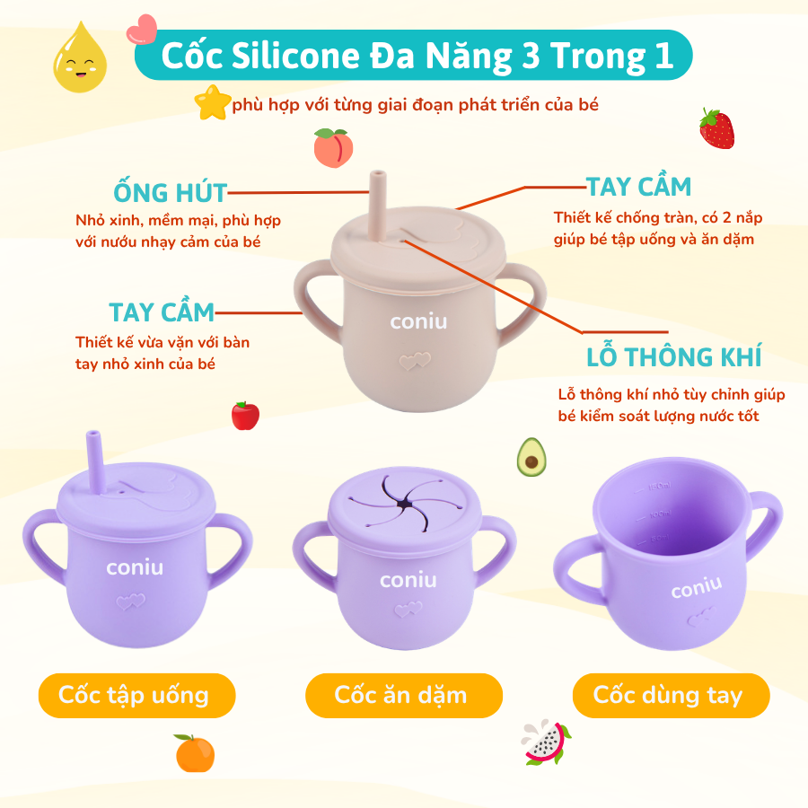 Bộ Ăn Dặm Silicone Coniu Hình Cua Cho Bé, Combo Bát- Khay- Yếm- Thìa- Cốc Silicone Cao Cấp CONIU