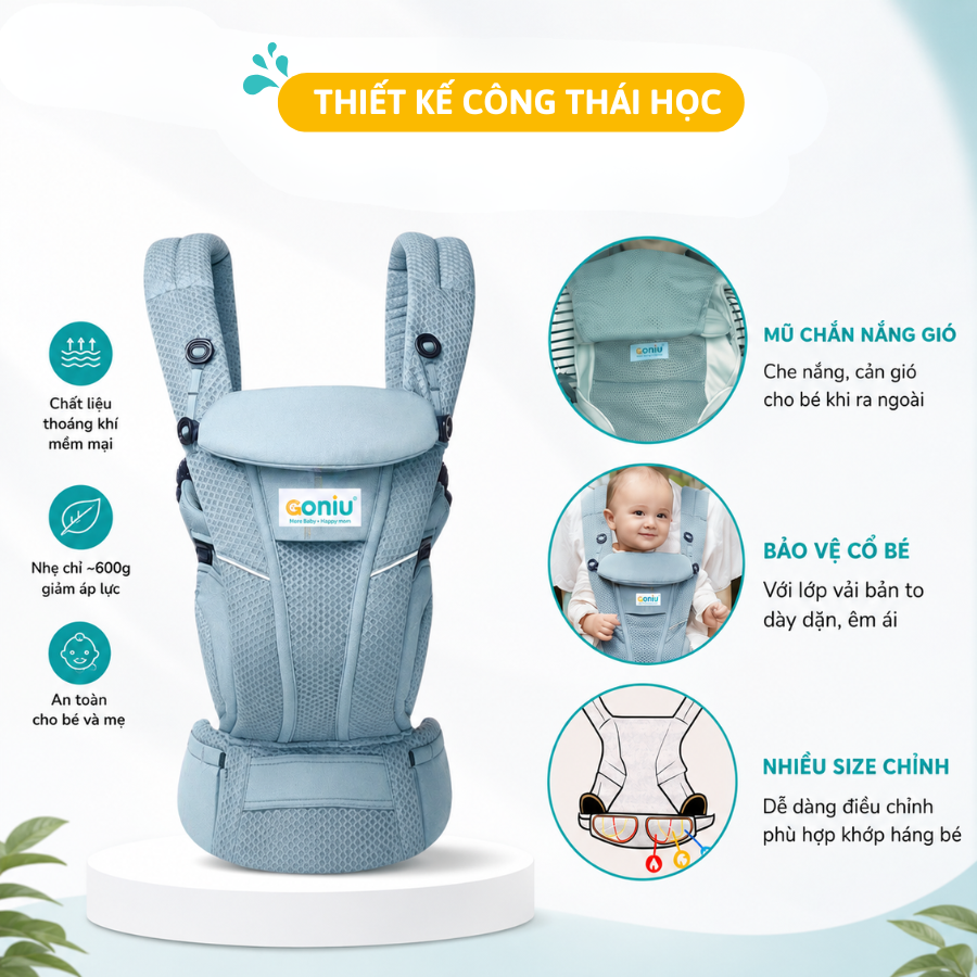 Địu Trợ lực Em Bé Coniu Omini Deluxe Mesh Siêu Nhẹ Chuẩn Y Khoa,