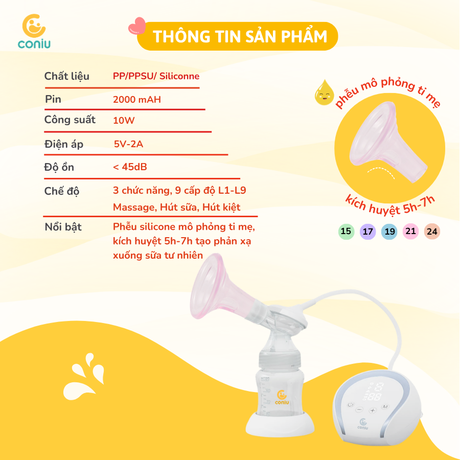 Máy Hút Sữa Điện Đôi Silicone Có Dây Coniu Smart, Hút Êm Ái,Tăng Sữa