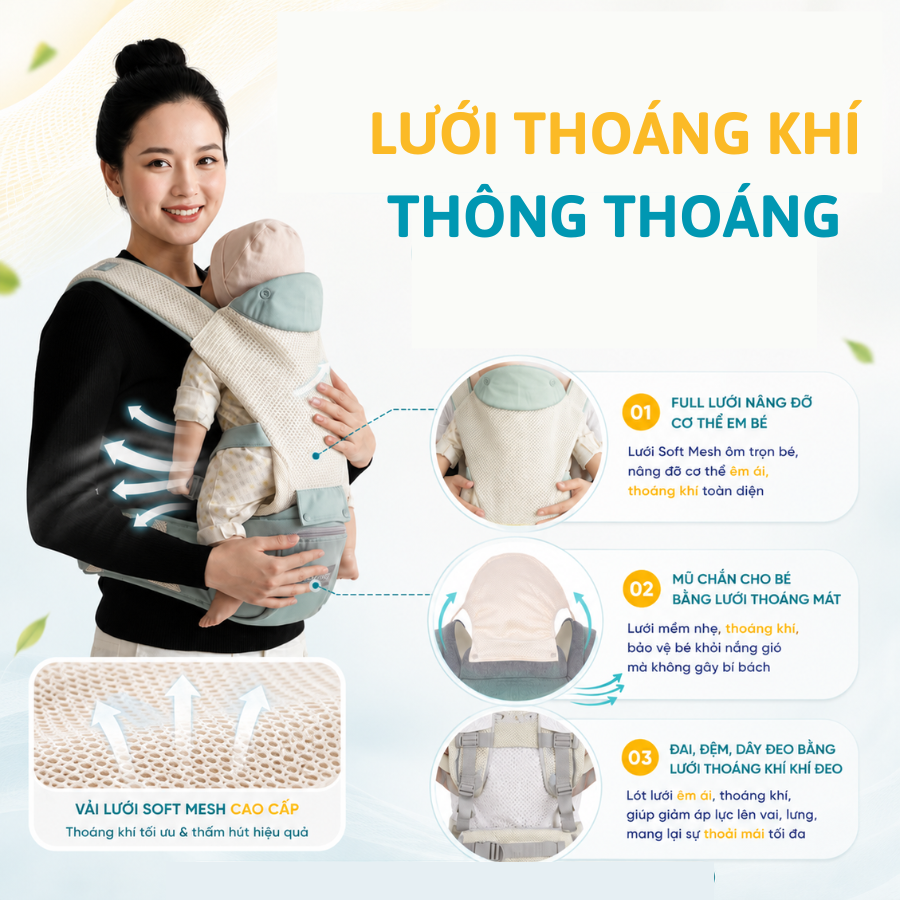Địu Em Bé Sơ Sinh Coniu, 9 Tư Thế Chống Gù Cho Bé từ 0- 36 Tháng