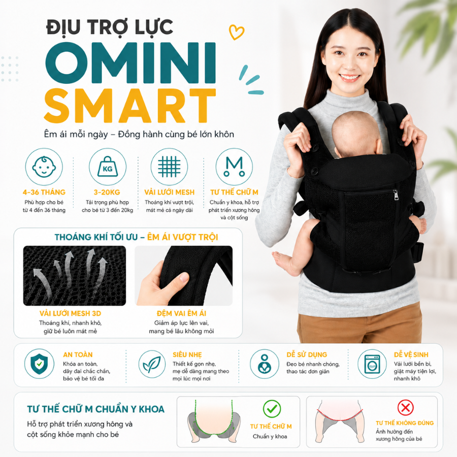 Địu Trợ Lực Em Bé Coniu Omini Smart Thoáng Mát, An Toàn, Chuẩn Y Khoa, Có Đệm Đỡ Cổ, Che Nắng Bé